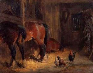 A Stable Interior with Horses and Chickens