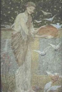 Girl feeding Pigeons One of three sketches for the decoration of Bank Hall, near Chapel-en-le-Frith, Derbyshire by Thomas Armstrong