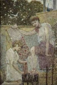Girl holding embroidery One of three sketches for the decoration of Bank Hall, near Chapel-on-le-Frith, Derbyshire by Thomas Armstrong
