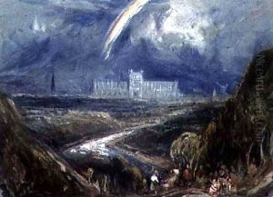 View from a hillside of a distant city and cathedral, (probably Exeter), with a river in the foreground by Francis Abel William Taylor Armstrong