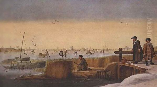 Winter Landscape with Figures on a Bridge, a Hunter and Skaters - view 1