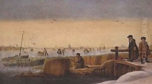 Winter Landscape with Figures on a Bridge, a Hunter and Skaters by Arent Arentsz