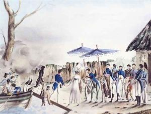 Rose de Freycinet and her Husband Arriving at Diely, Timor, from 'Journal de voyage autour du monde a bord de l'Uranie, 1817-1820' Rose de Freycinet and her Husband Arriving at Diely, Timor, from 'Journal de voyage autour du monde a bord de l'Uranie, 1817-1820'