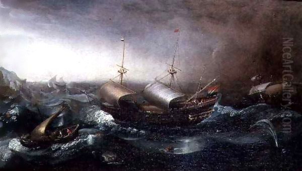 Dutch Merchant Vessels and a Smalschip Accompanied by Dolphins in Heavy Seas - view 1