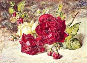 One White and Two Red Roses and Buds by Helen Cordelia Coleman Angell