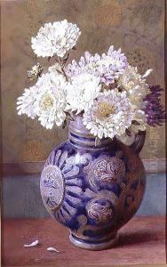 Chrysanthemums in a stoneware jug by Helen Cordelia Coleman Angell