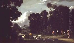 Italianate Landscape at Twilight with Peasants Dancing by Filippo de Liano d' (Napoletano) Angeli