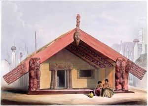 Maori food storehouse ('whatas' or 'patukas') from the 'New Zealand Illustrated'