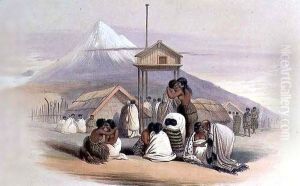 The ceremony of Ongi, or Pressing Noses: Natives greeting each other, with Mount Egmont in the distance from the 'New Zealand Illustrated' by George French Angas