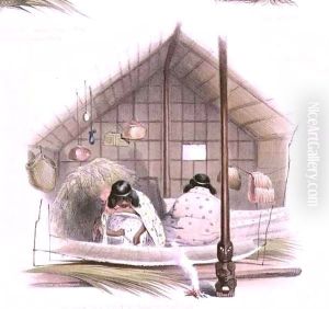Interior of a house at Rangihaeata's Pah, with women making flax garments, from 'New Zealand Illustrated' by George French Angas