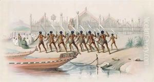 War-Dance by Maori warriors before the great pa (village) of Ohinemutu at the Rotorua Lakes from the 'New Zealand Illustrated' by George French Angas