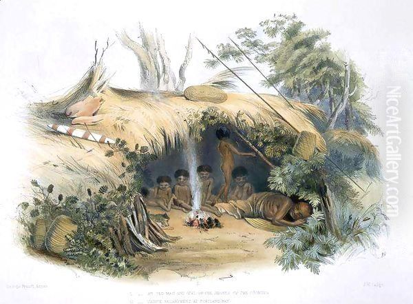 The Aboriginal Inhabitants, II. Native Encampment at Portland Bay, 'Cold Morning' and his family - view 1