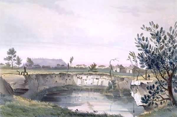 Messrs' Arthur's Sheep Station, with one of the volcanic wells. Mount Schank in the distance - early morning, from 'South Australia Illustrated' - view 1