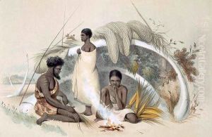 Natives of Encounter Bay, making cord for fishing nets in a hut formed from the ribs of a whale