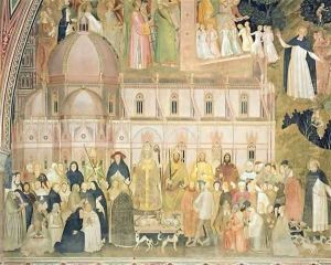 The Church Militant and Triumphant, detail of the secular authorities with Santa Maria del Fiore in the background, from the Spanish Chapel by Andrea Bonaiuti da Da Firenze