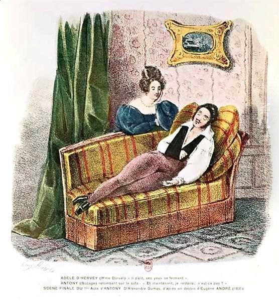 Marie Dorval (1798-1849) in the role of Adele d'Hervey and Bocage (1797-1863) as Antony, in the final scene of Act I of 'Antony' by Alexandre Dumas Pere (1802-70) - view 1