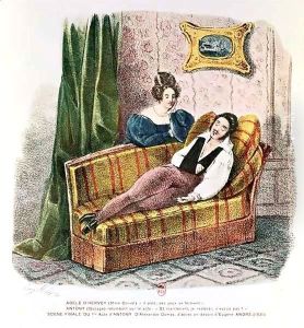 Marie Dorval (1798-1849) in the role of Adele d'Hervey and Bocage (1797-1863) as Antony, in the final scene of Act I of 'Antony' by Alexandre Dumas Pere (1802-70)