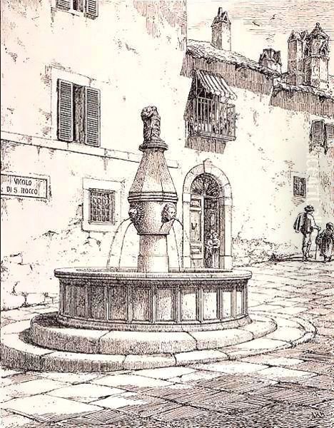 Fountain of the Vicolo di S. Rocco, Viterbo, Italy, from 'Examples of the Municipal, Commercial, and Street Architecture of France and Italy from the 12th to the 15th Century', publ. by W.Mackenzie, 1841 (engraving) Image ID: - view 1