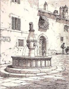 Fountain of the Vicolo di S. Rocco, Viterbo, Italy, from 'Examples of the Municipal, Commercial, and Street Architecture of France and Italy from the 12th to the 15th Century', publ. by W.Mackenzie, 1841 (engraving) Image ID: by R. Anderson