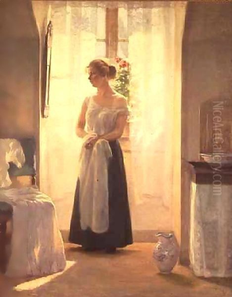 Interior with a Girl standing in front of a Mirror - view 1