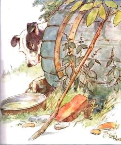 'One day I scratched the side of old Nipper's Kennel', illustration from 'The Mischievious Mousie Book'