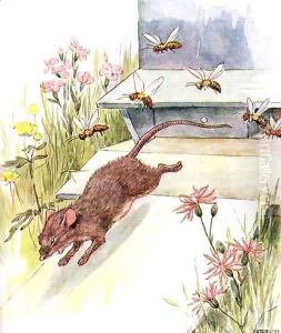 'They rushed at me buzzing and humming and tried to sting', illustration from 'The Mischievious Mousie Book'