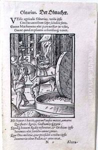 Oil Maker, illustration from the Latin edition of 'De Omnibus Illiberalibus Sive Mechanics Artibus' by Jost Amman