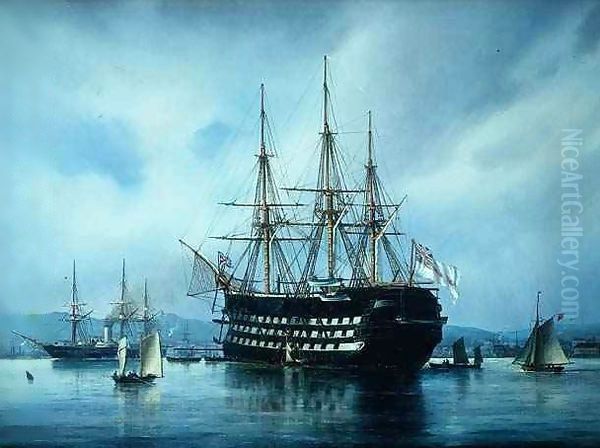 An English warship at anchor off a port - view 1