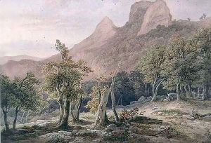 Rocky Landscape with figures and a lake in the background by Henry Curzon Allport