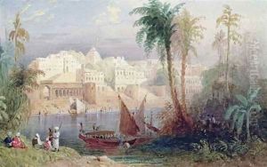 A View of an Indian city beside a river, with boats on the river and figures in the foreground