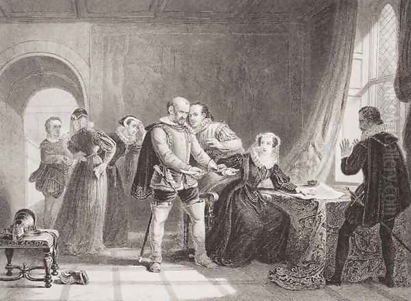 Mary Queen of Scots (1542-87) compelled to sign her abdication in Lochleven Castle in 1567 by Sir William Allan