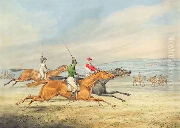 Steeplechasing Three Riders galloping to right, mounted spectators in background - view 1