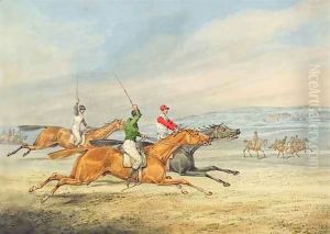 Steeplechasing Three Riders galloping to right, mounted spectators in background