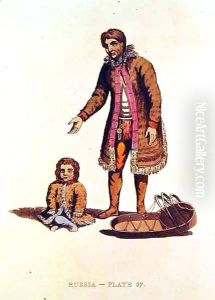 Samoyed woman with her baby and a cradle from 'Dress of the Russians' by William Alexander