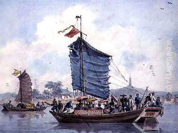 Chinese river scene with Junks under sail - view 1