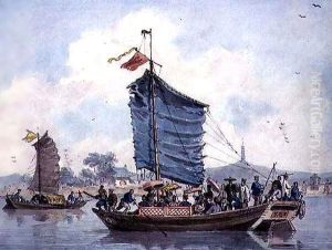 Chinese river scene with Junks under sail