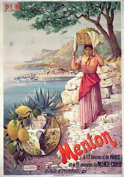 Travel poster advertising the Paris-Lyon-Mediterranee train line and holidays in Menton on the Cote d'Azur - view 1