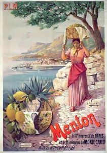 Travel poster advertising the Paris-Lyon-Mediterranee train line and holidays in Menton on the Cote d'Azur by Hugo d' Alesi