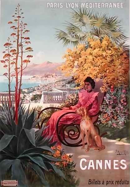 Travel poster advertising the Paris-Lyon-Mediterranee train line and holidays in Cannes - view 1
