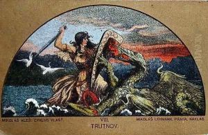 Postcard depicting the Knight Trut fighting the Dragon of the Rocks by Mikolas Ales