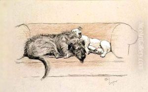 Wolfhound and Bull Terrier Asleep on a Sofa by Cecil Charles Aldin