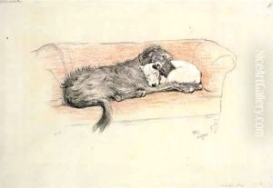 Reconciliation Wolfhound and Bull Terrier Asleep in a Sofa by Cecil Charles Aldin