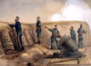A 13-inch mortar of the Royal Artillery in action