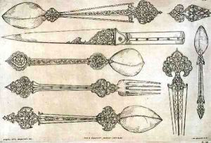 Persian design for everyday silver cutlery, from 'Art and Industry' by Jean Francois Albanis de Beaumont