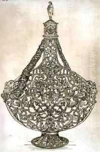 Bottle for Cypriot wine, encased in gold filigree, Venetian, from 'Art and Industry' by Jean Francois Albanis de Beaumont