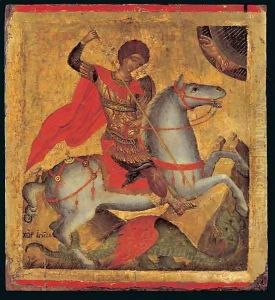 Icon of St. George on Horseback, Slaying the Dragon by Angelos Akotandos