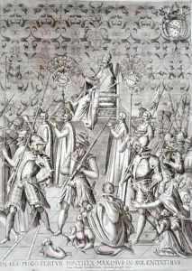 Pope Sixtus V (1521-90) is carried to the Ceremony for the Dedication of the Obelisk in front of the Basilica of San Giovanni Laterano