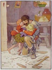Hansel and Gretel return, illustration from 'The Beautiful Book of Nursery Rhymes, Stories and Pictures' by Frank Adams