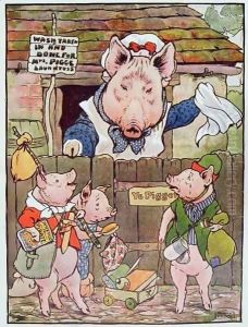 'She turned them out of the home-sty to find their own living', illustration from 'The Three Little Pigs' by Frank Adams