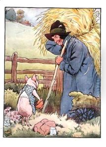 'If you please, Sir', said he, 'will you give me that straw to build a house with', illustration from 'The Three Little Pigs'